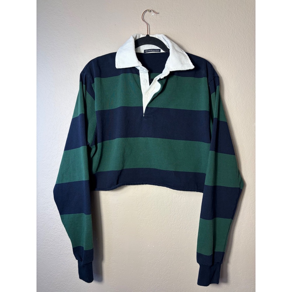 Brandy Melville Cropped Rugby Shirt Navy Green Striped Long Sleeve MHU004PC-Z227